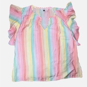 Michelle McDowell Pastel Stripped Ruffle Shelves Top V Neck